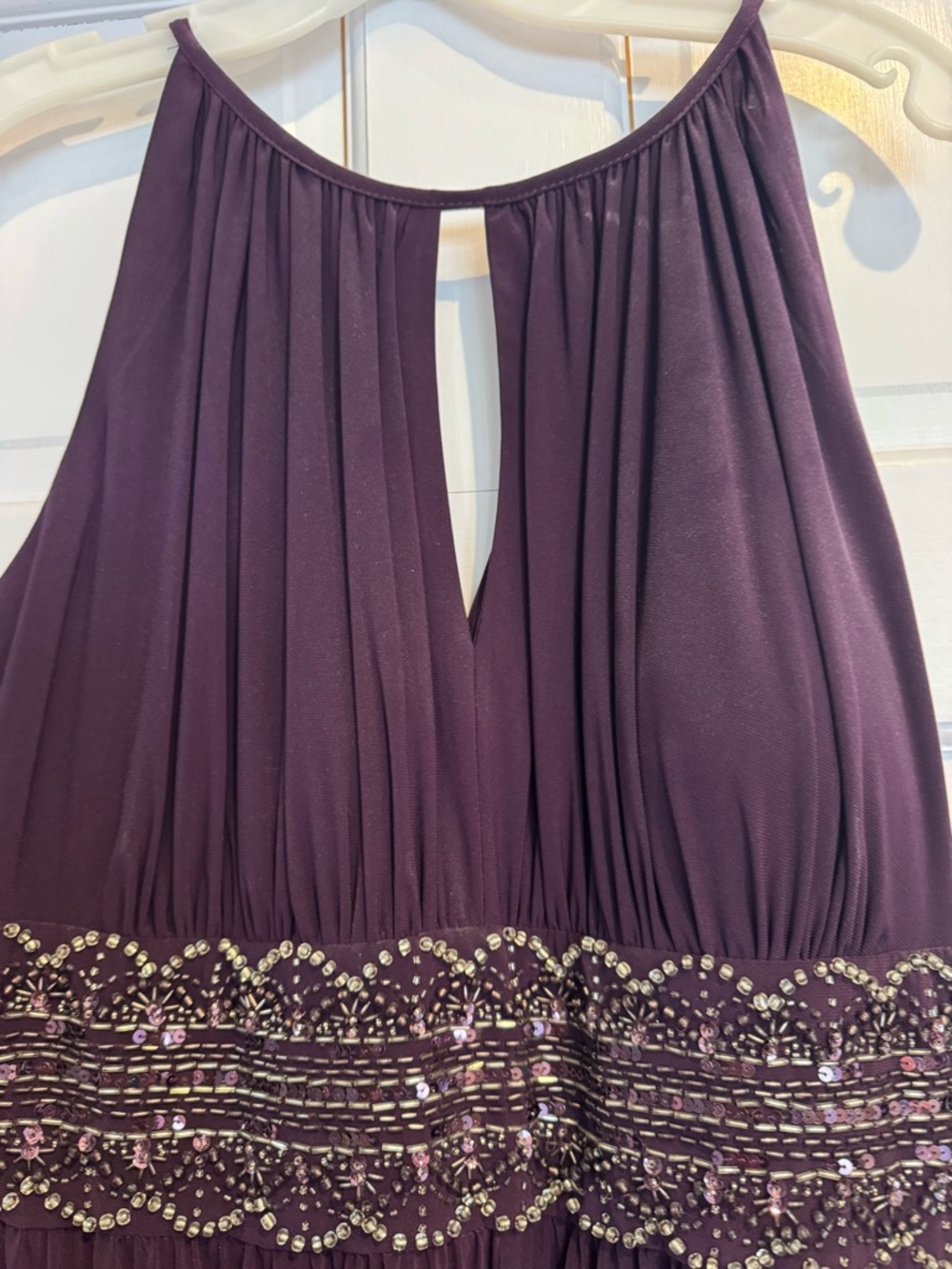 R & M Richards Plum Purple Pleated Prom Dress with Beaded Waist